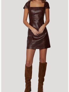 Lost + Wander Chocolate Brown Croc-Embossed Square-Neck Mini Dress